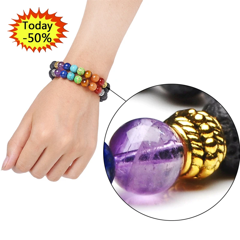 

High Quality 7 Chakra Healing Bracelet Real Stones Volcanic Lava Mala Meditation Bracelets Wrap Stretch Charm Gemstone Bracelets