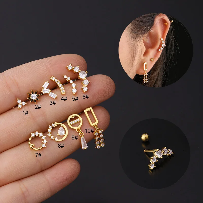 

Fengshang Fashion 16G Thick Rod Stainless Steel Piercing Earrings Zircon Ear Bone Screw Screw Ball Stud Earrings