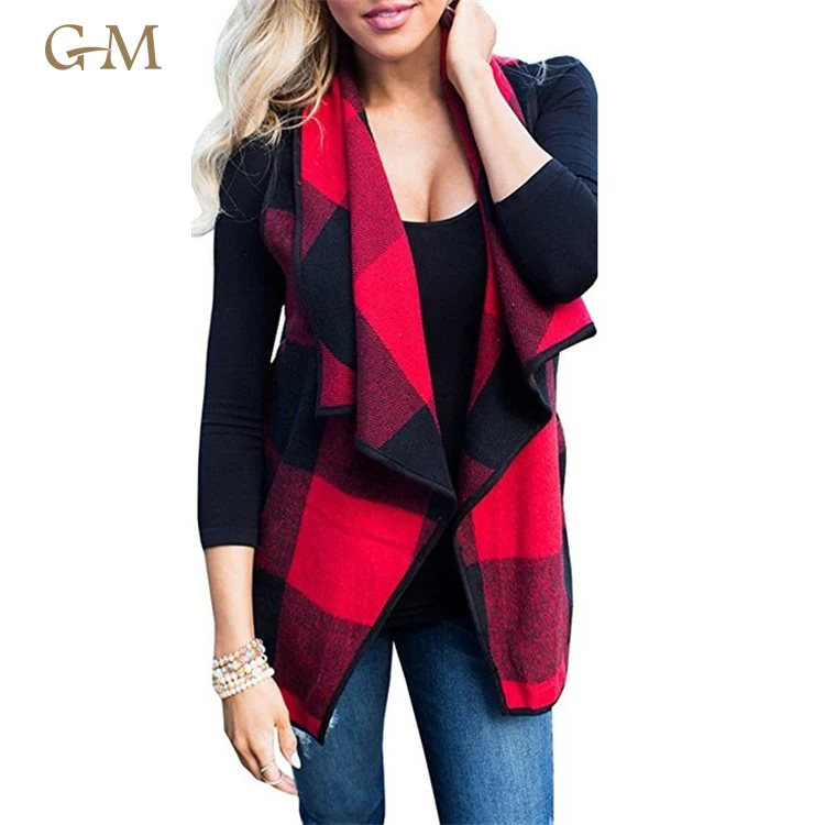 Womens Plaid Print Tunic Blouse Vest Tops Loose Fitting Coat fall jackets women