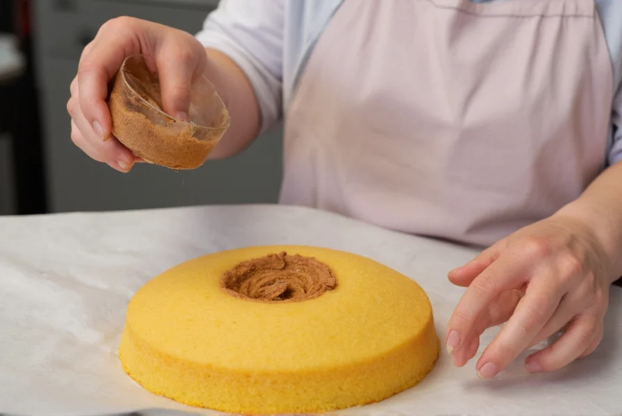 Professional baker measuring cinnamon for swirl in golden pound cake batter