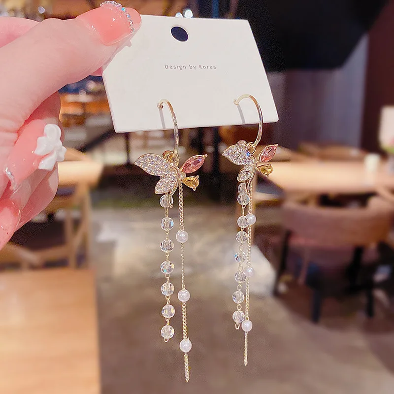 

S925 Silver Needle Long Butterfly Crystal Pearl Tassel Fashion Earrings Jewelry For Women