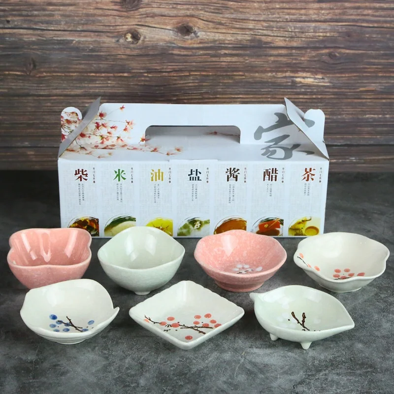 

Japanese 7-piece set, creative hand-painted under glaze ceramic dish, dipping sauce dish gift box set, Mix