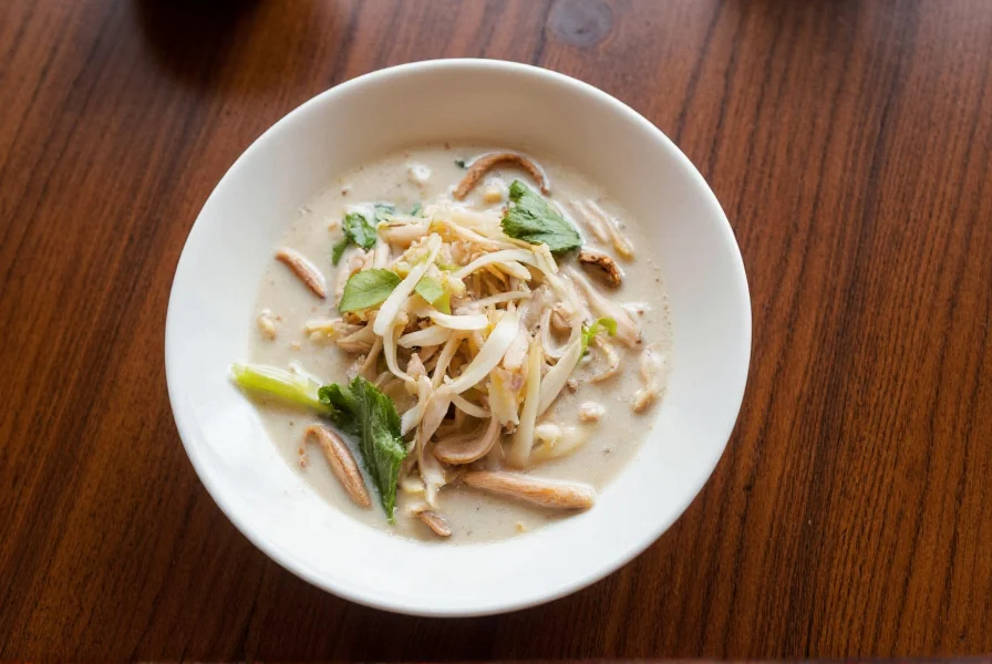Traditional Thai dish tom kha gai featuring sliced greater galangal root floating in coconut milk broth with mushrooms and chicken