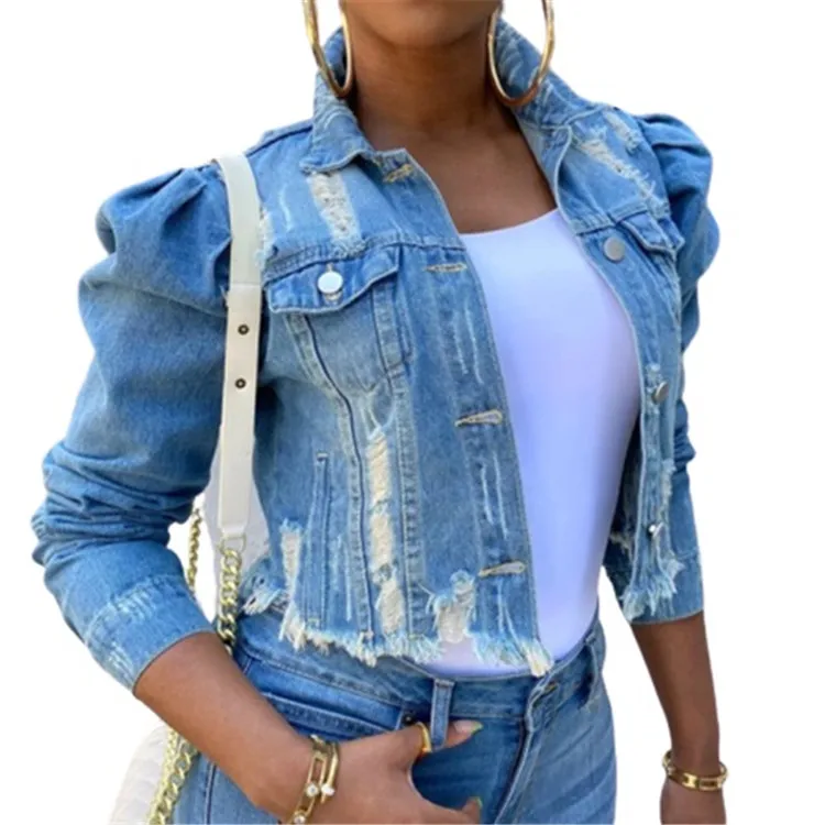 

HEYBABY Wholesale Fashion Puff Sleeve Ladies Denim Jacket Women Coat Casual Ripped Holes Womens Jean Jackets Plus Size