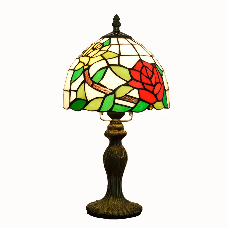 

American Pastoral Creative Tiffany Colored Glass Double Color Rose Bedroom Bedside Decorative Small Table Lamp Bar Lamp