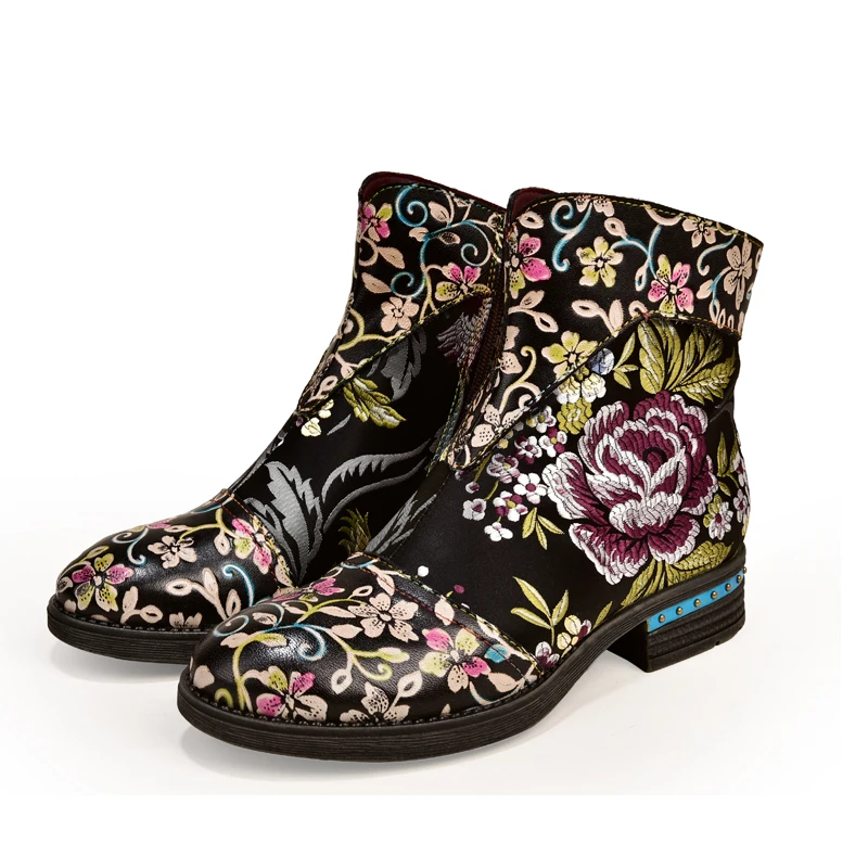 

Women Fashion Flower Ankle Boot Colorful Print Genuine Leather Fashion Totem Lady Winter Shoe