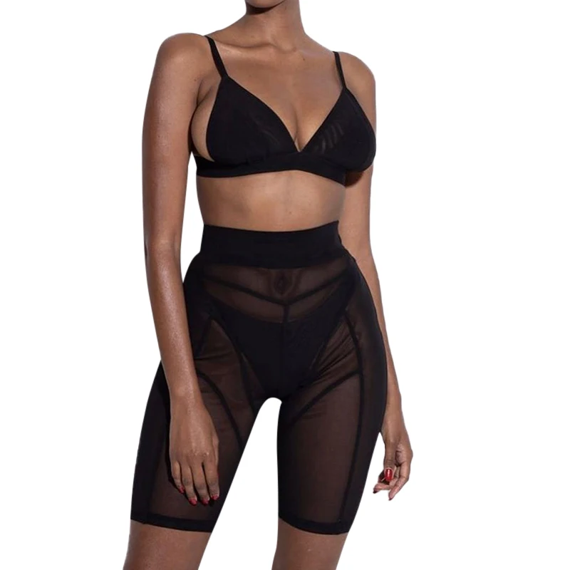 

2021 dropshipping Black Lace Mesh prom fashion woman sexy 2 pcs bathing suits beachwear See-through bikini set, Customized colors