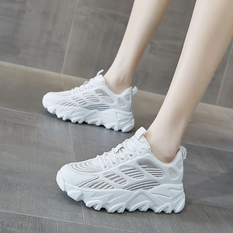 

Fashion Vulcanize Casual Walking Breathable Mesh White Platform Women Sneakers, Beige,white