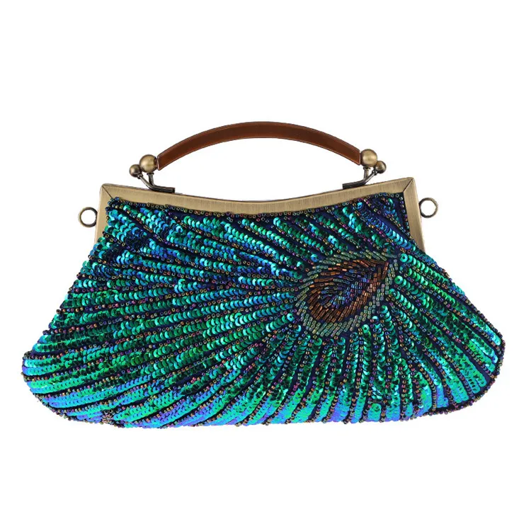 

100% Handmade Beaded peacock Evening Clutch Bags Day Clutches Embroidery Wedding party Purse Chain handbag