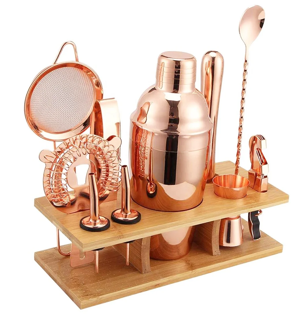 

Amazon Premium 11 Pieces Stainless Steel Bar Tools Copper Bartender Kit with Stylish Bamboo Stand Rose Gold Cocktail Shaker Set