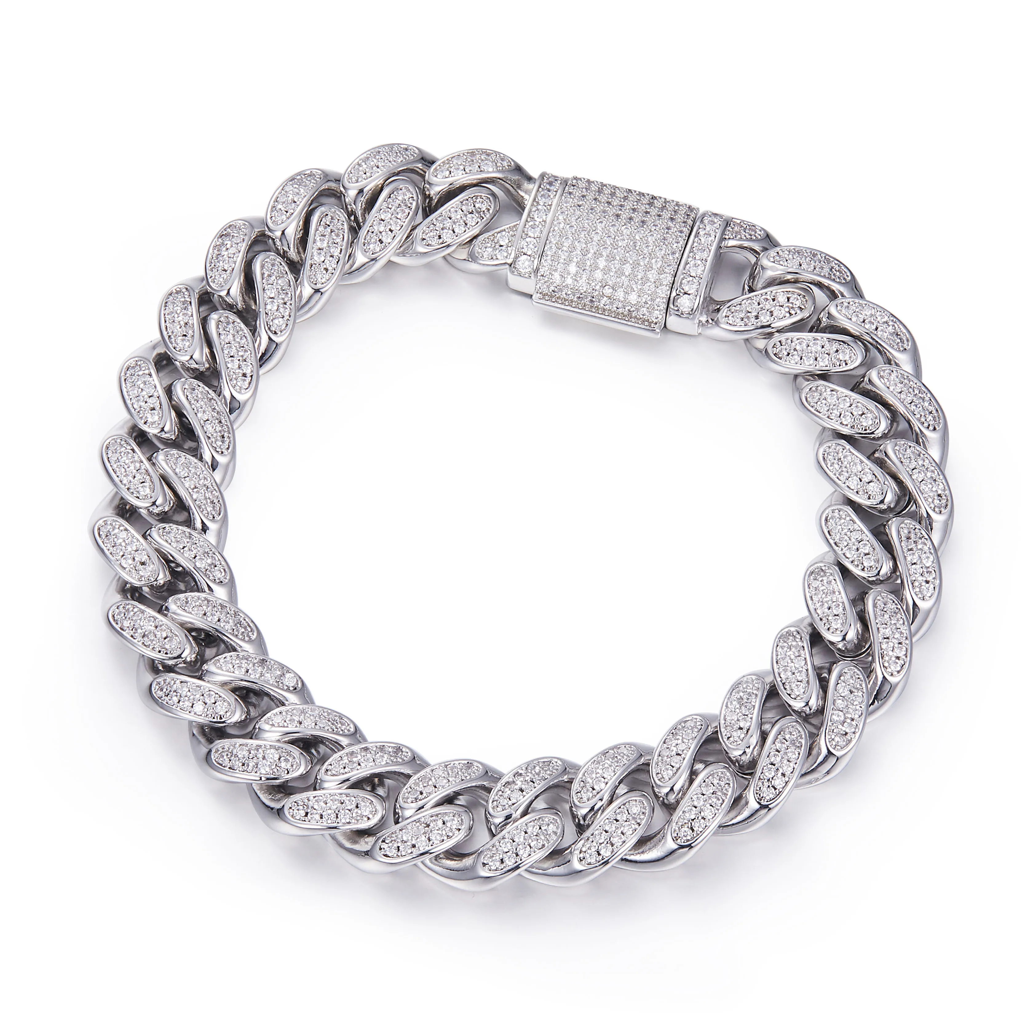 

Ready to ship Wholesale Luxury 12 mm Moissanite 925 Silver Cuban Bracelet For Men Platinum plated iced out chain Hip hop gift