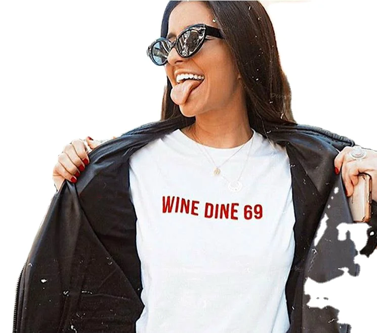 

Women's T-shirt Europe and America WINE DINE 69 Short Sleeve T-shirt