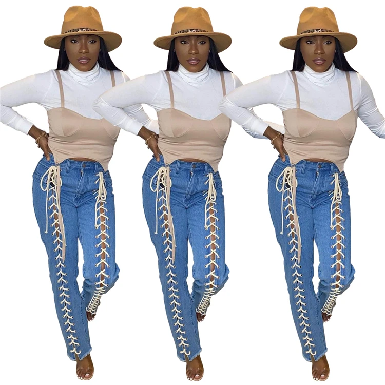 

D96003 Hot selling women's breathable regular jeans mid-waist wash hollowed-out skinny jeans women trousers