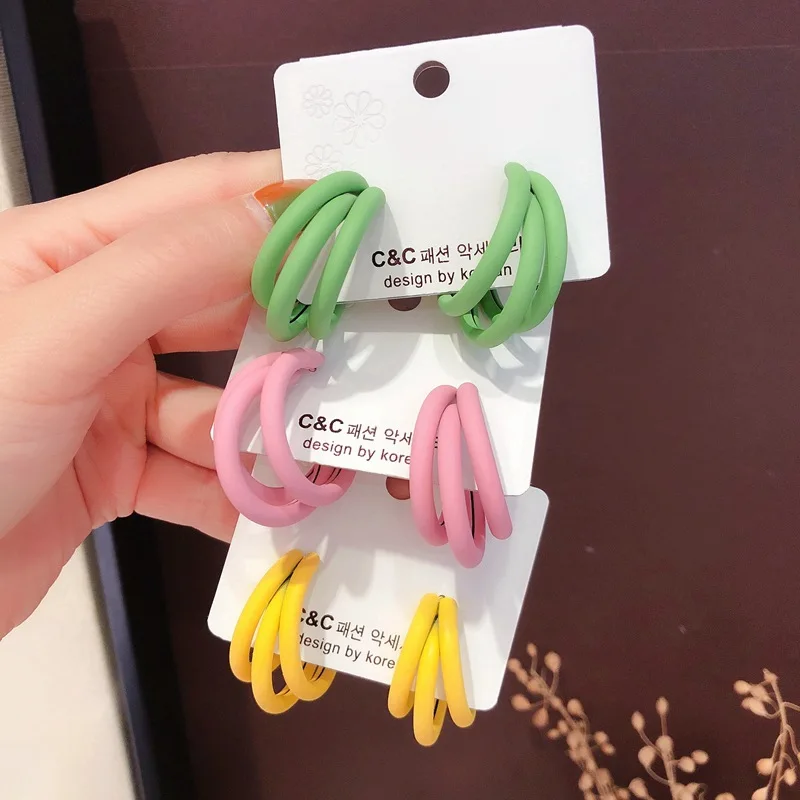 

Fashion Summer Best Selling Candy Color Triple Tube Round Hoop Earrings Multilayer Tube Round C Shape Stud Earrings