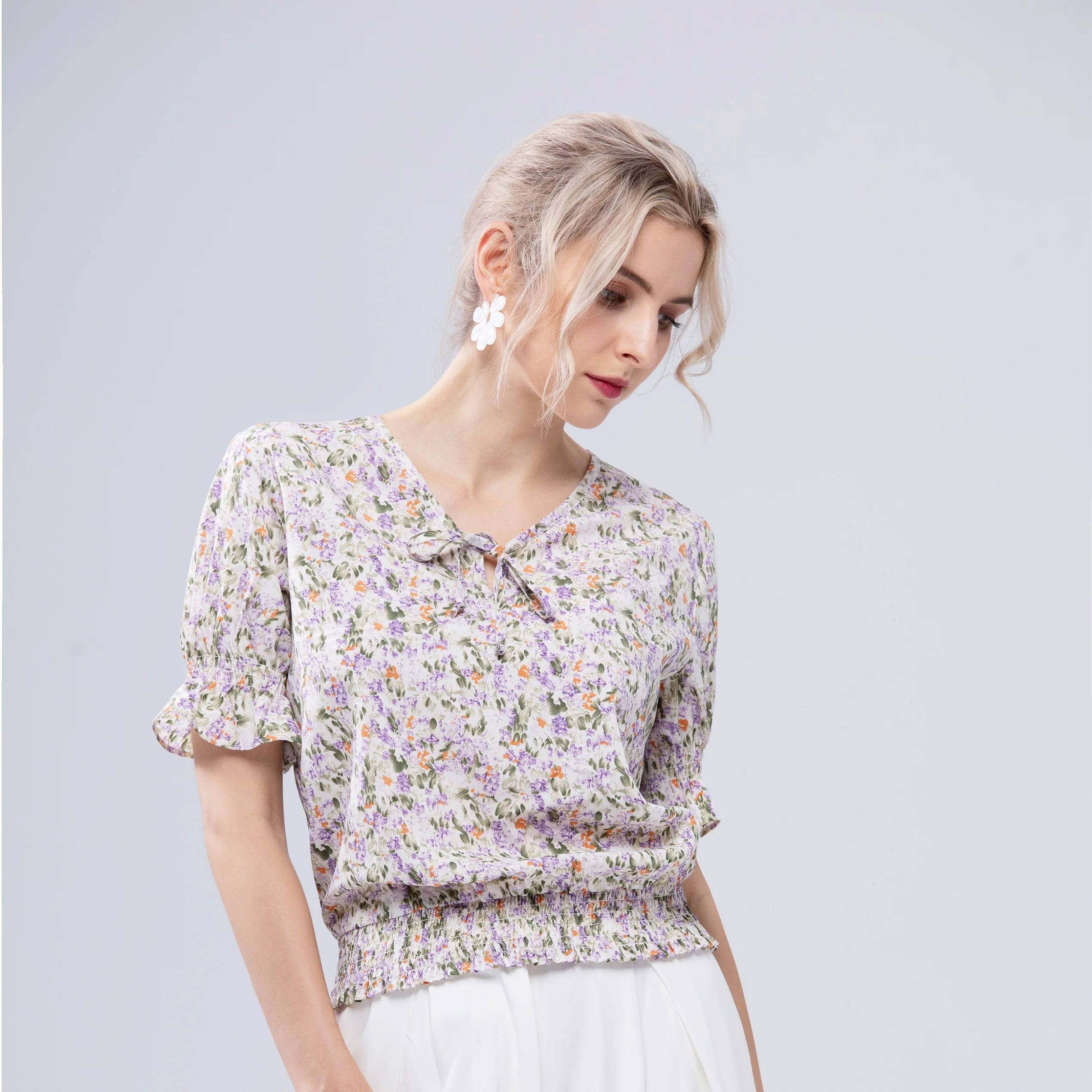 

Women Summer Chiffon Lady Short Ruffle Sleeve Round Neck Lace Up Casual Ladies Tops Blouses