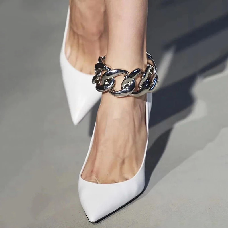 

NEW 2020 Leisure Concise Metal Chain Button Pointed Toe PU Pumps Heels Sexy White Wedding Shoes Party Shoes For Women Siez 35-40, White black apricot