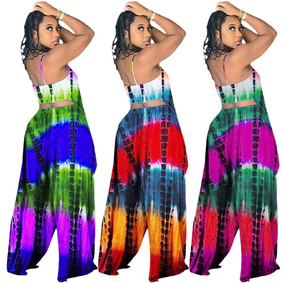 

Colorful printing suspender tops With loose Pants summer backless two piece night club sexy set for women, Blue/red/purple