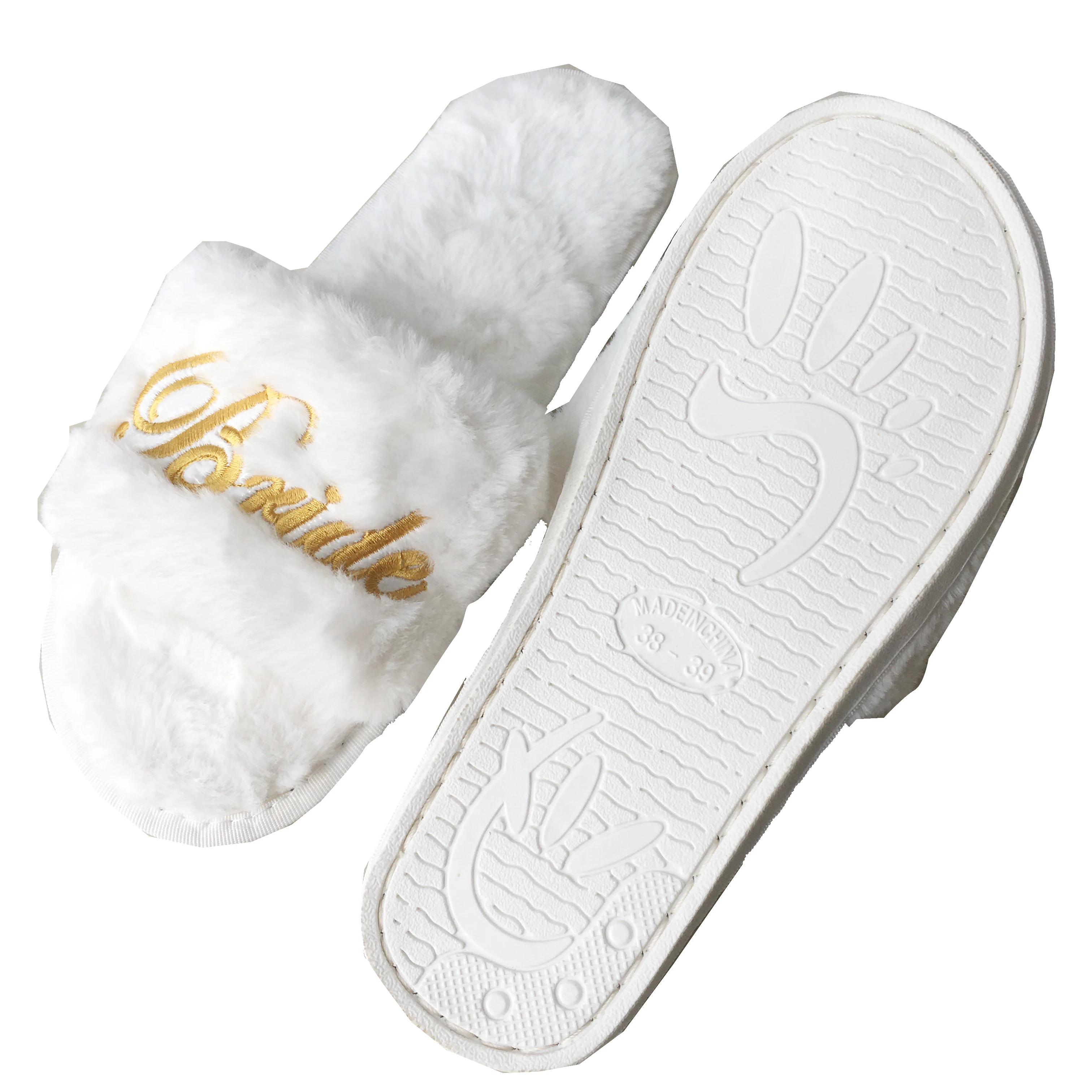 

Embroidery gold thread plush Bridal Shower Wedding Party slippers for Bride, White