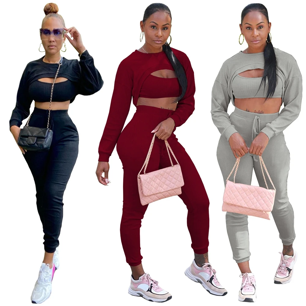 

MD-2010 Crop Tops 2 Piece Sweat Pant Sets Sportswear Tracksuits Joggers 2021 Women Wholesale Two Piece Pant Set Clothing Outfits