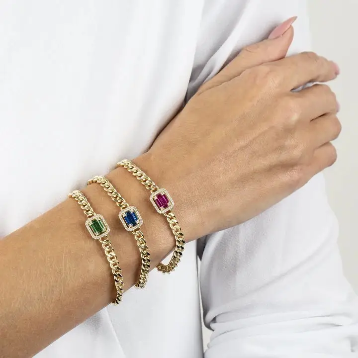 

18k gold plated cuban link chain colorful green blue red cz cluster charm european women gold chain bracelet