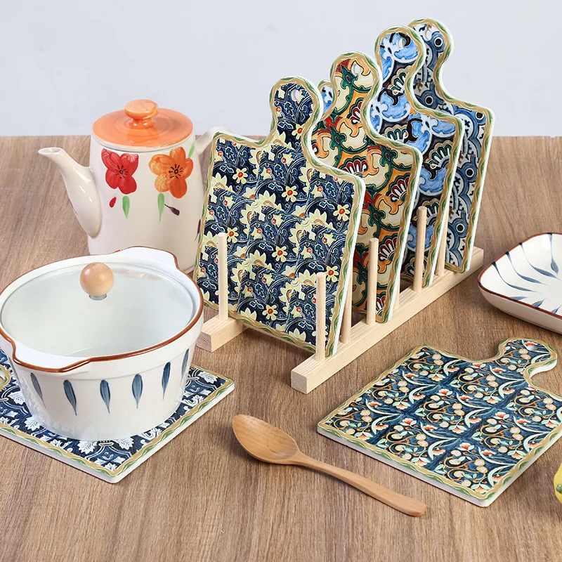 

2021 NEW Moroccan heat resistant square coaster with handle ceramic table mat, As pictured