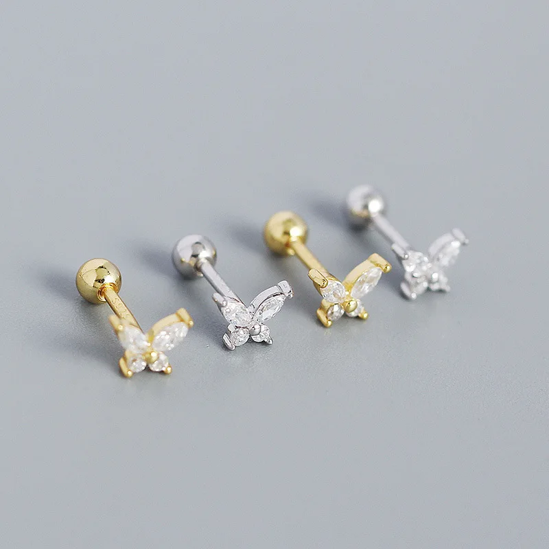 

Fashion Gold Plated S925 Silver Zircon Butterfly Stud Earrings Sterling Silver Pave Cubic Zircon Butterfly Screw Stud Earrings