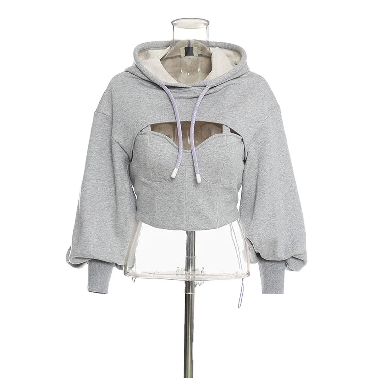 

Sexy Ladies False Two Piece Long Puff Sleeve Cutout Front Pullover Crop Hooded Cotton Tops, Gray/emerald