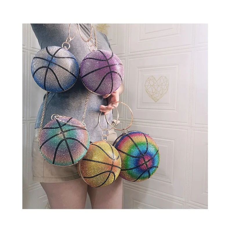 

2022 Unique Gradient Color Basketball Purses Girls Handbags for Women Luxury Ladies Glitter Rhinestone Crystal Evening Bags