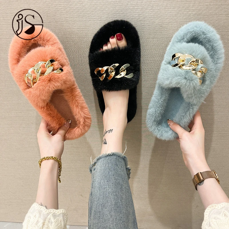 

Autumn and winter chain lady slippers indoor and outdoor wool flat bottom warm word lady slippers, Customizable