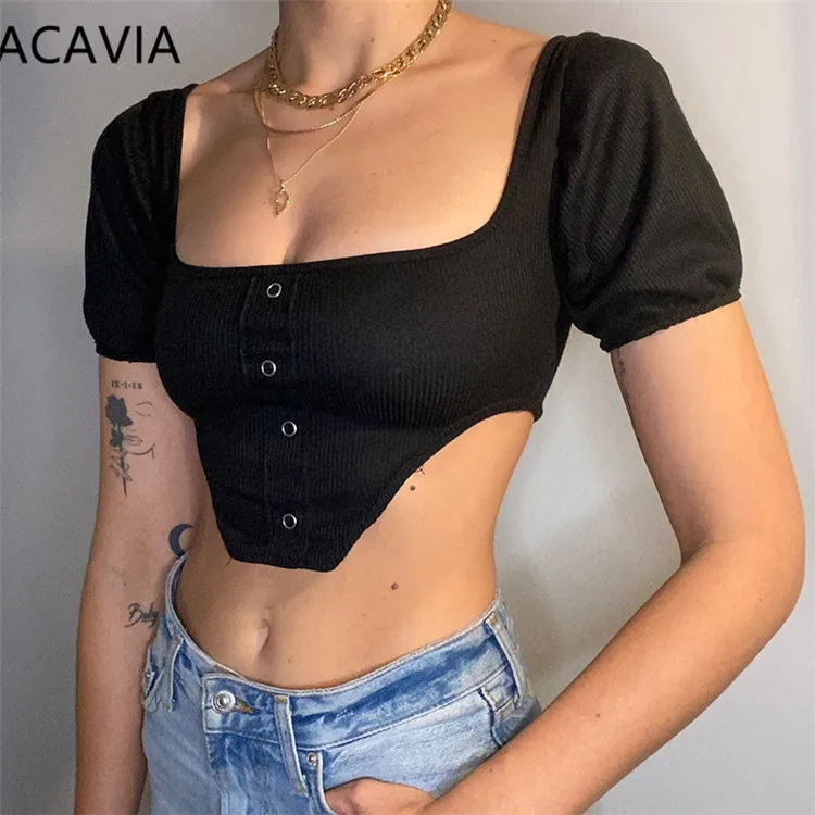 

ZACAVIA2021Sexy Short Sleeve Top with Irregular Hem with Square Neck for Summer Women top, Black