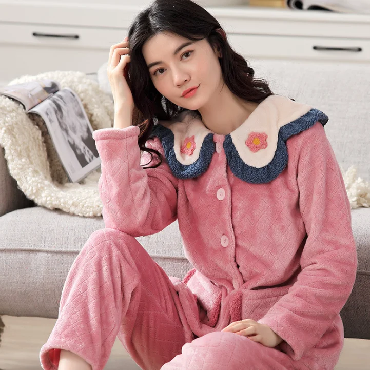 

Women's Flannel Custom Autumn/Winter Pajamas Set Women Long Sleeve Sleepwear Suit Cute Tops+Pants Sleep Home Female Pyjama