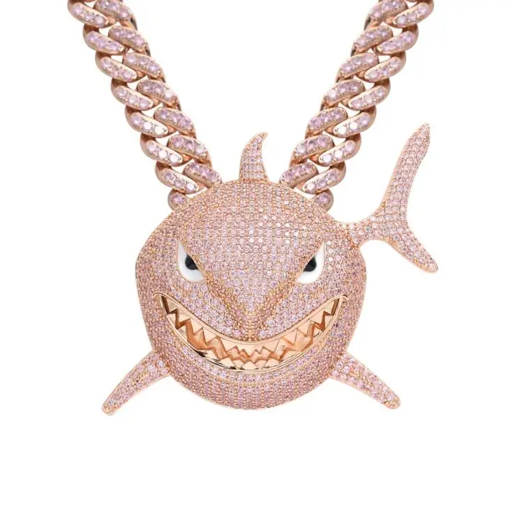 

Hip Hop Iced Out Rose Gold CZ Diamond Pendant Shark Zircon Diamond Exaggerated Hip Hop Men's Necklace, Two tones