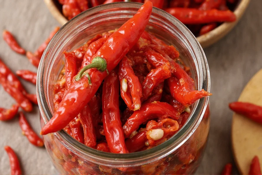 Close-up of chili crisp in glass jar showing red chilies, garlic bits, and oil