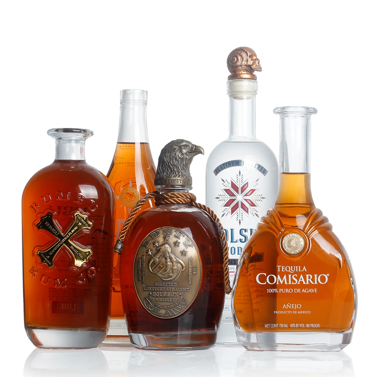 

Premium bespoke 750 ml 750ml 700ml pewter metal labels rum whiskey whisky vodka gin spirits glass bottle with cork stopper