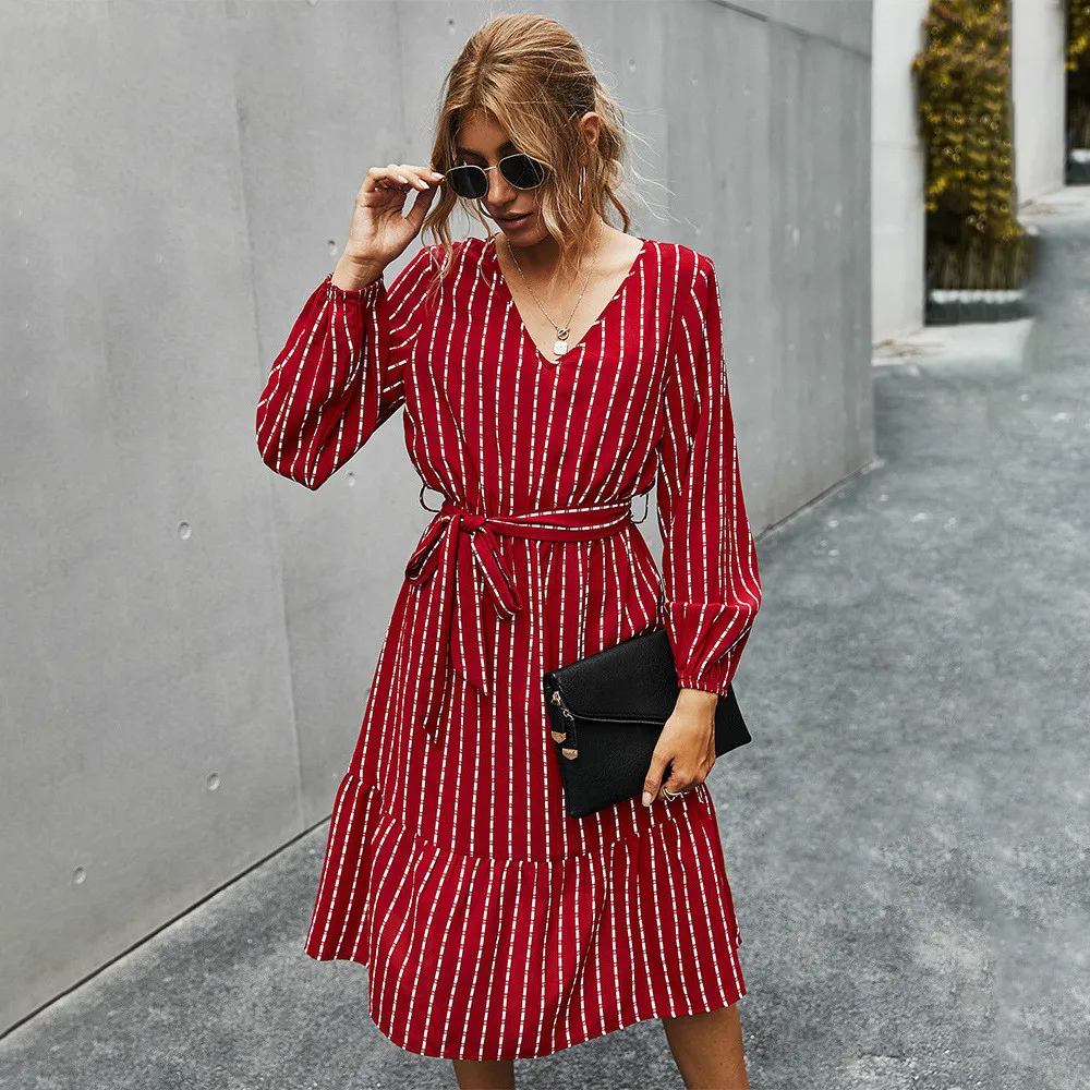 

Women Spring Striped Dresses V Neck Sashes Ruffle Lantern Long Sleeve Midi Vestidos 2021