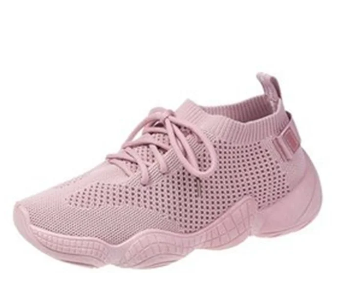 

2021 new large size fly knit single shoe women Europe and America thick soles round head lace-up breathable running shoes sneake