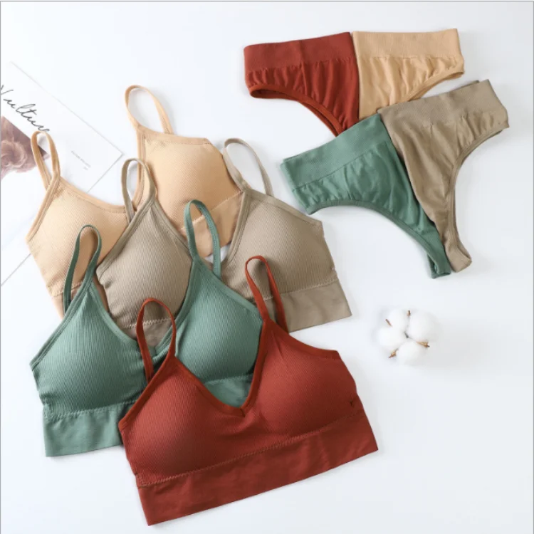 

Bra And Panty Sets Seamless Ribbed Sport Bra Top Fitness Sexy Lingerie Underwear Wireless Set Ladies Panties Underwear