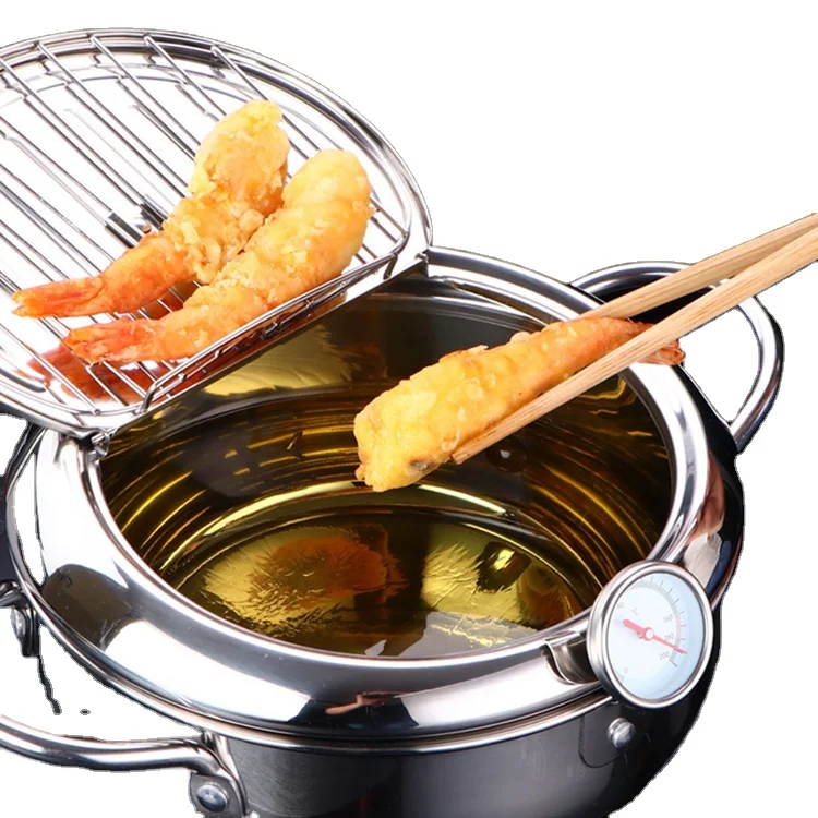 

A1139 Japanese Deep Frying Pot with a Thermometer and a Lid Stainless Steel Kitchen Tempura Fryer Pan Mini Induction Cooker