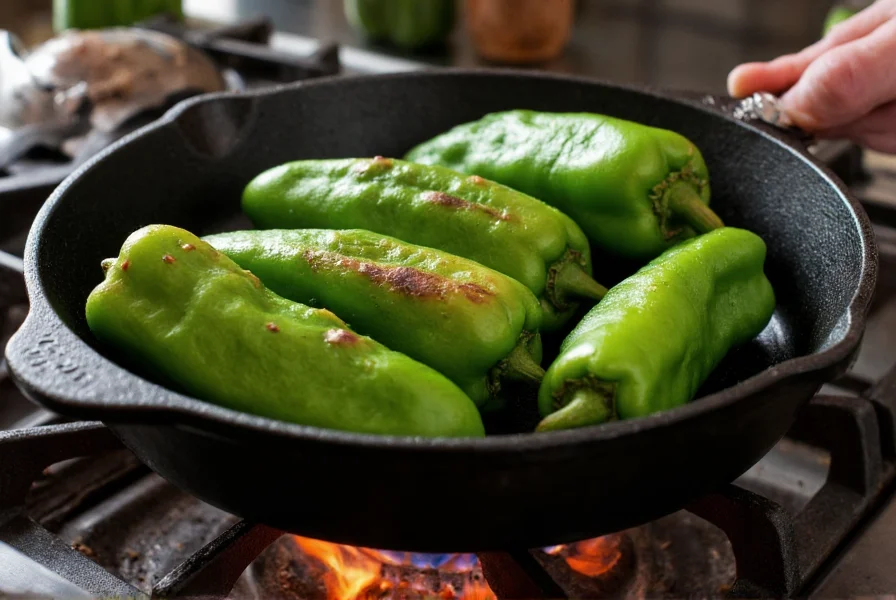 Cast iron skillet with poblano peppers being roasted over gas flame, showing perfect char marks