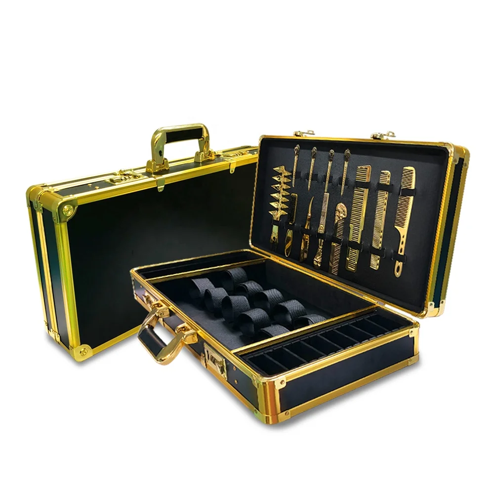 

Barber Carrying Case Gold 10pcs/set Hair Kit Tool Box Aluminum Organizer with Handle Durable Hairdressing For Travel With Lock