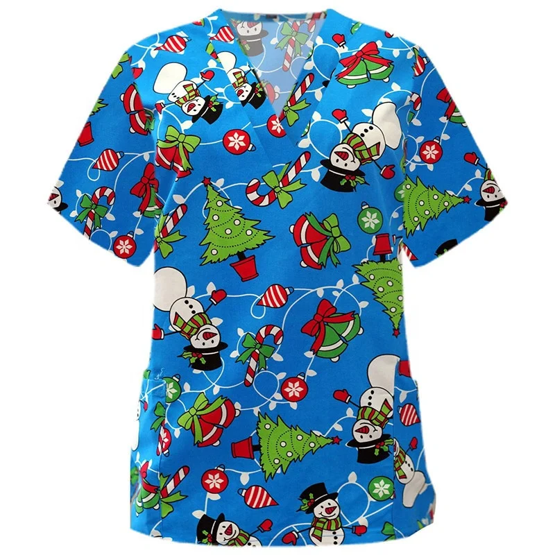 

V Neck Christmas Digital Printing Printed Short Sleeve Fashion Top Scrubs