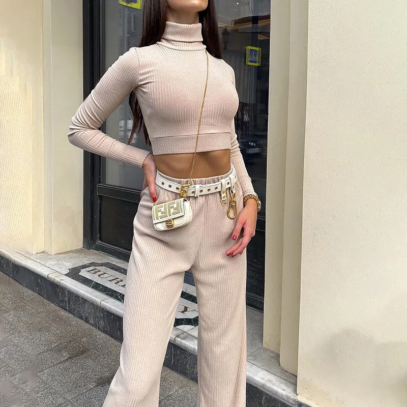 

Autumn Solid High Neck Women Fall Two Piece Set Long Sleeve Pencil Trousers Tracksuit Two Piece Pants Sets, Customized color