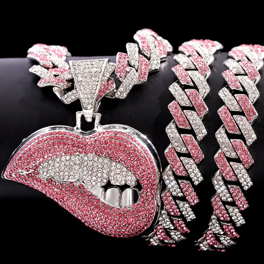 

Hip Hop Necklace Jewelry Women Crystal Diamond Pink Bite Lip Pendant Necklace with Bling Iced Out Prong Cuban Link Chain