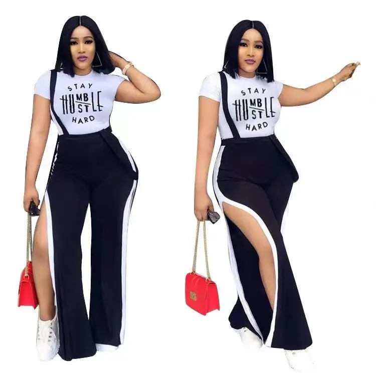 

Summer 2021 trendy graphic tshirt and overalls slit pants 2 piece set women fashion outfits, 1 colors as picture