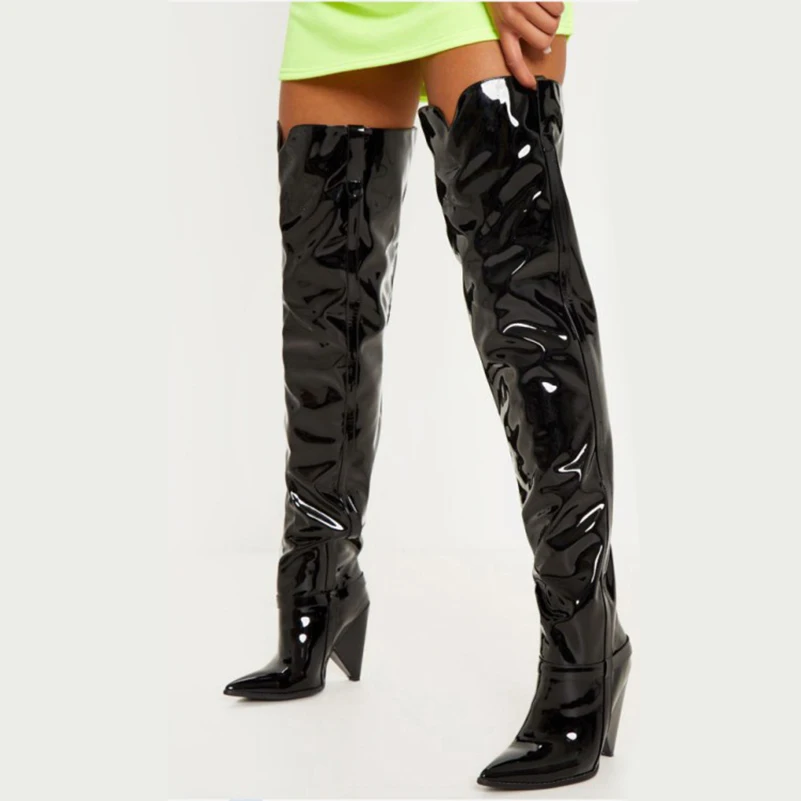 

China wholesale lady long high heel thigh high woman boot black PU leather sexy boots for women