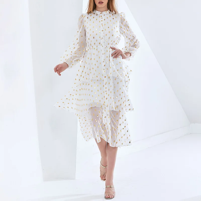 

2021 spring and summer new women's banquet dress golden polka dot elegant temperament puff sleeve cake women dress, Photo color