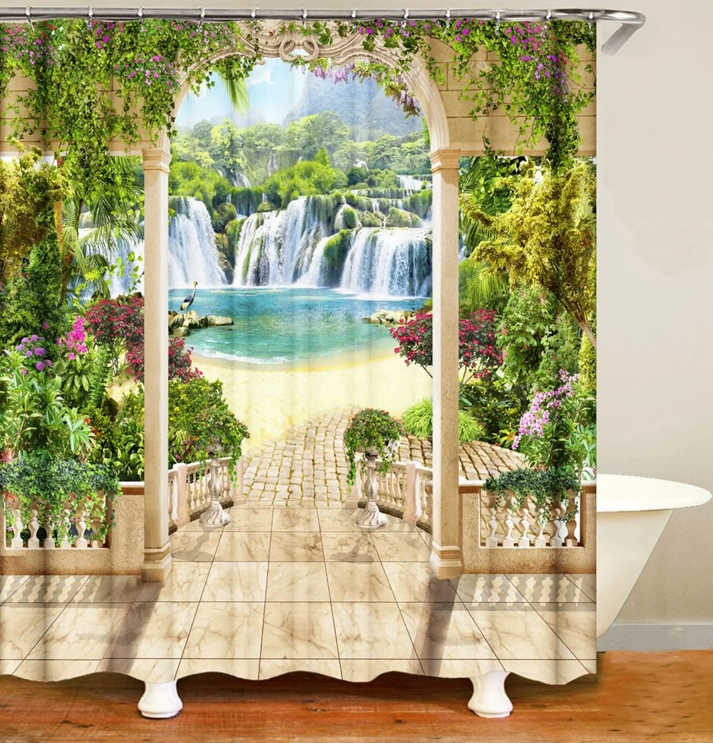 

i@home 3d nature waterfall flowing to lake in the forest shower curtain 180cm x 180cm polyester, As picture show