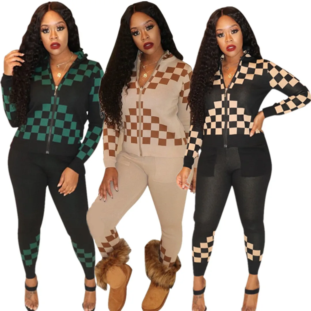 

Wholesale Lapel Ribbed Plaid Print Trousers Zipper Tops Tracksuit Warm Slim Outfits Casual Two Piece Sets For Women, Shown