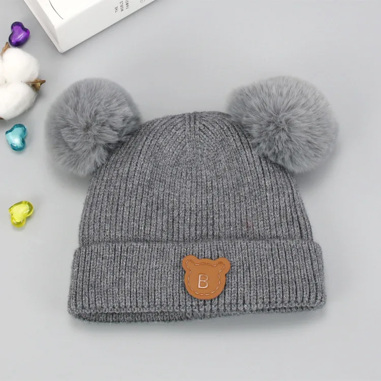 LRT Wholesale Winter Custom Logo Kids Brushed Hat Pure Color Earflaps Cap Cute Bear Baby Knitted Hat With Pom Pom Ears