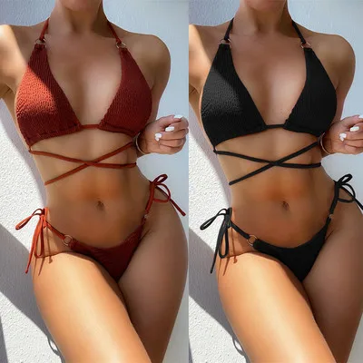 

Solid color sexy women's swimsuit strappy strappy swimsuit bra thong swimsuit